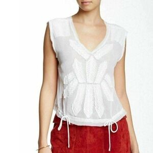 FREE PEOPLE Pennies Storyteller Sheer V-Neck Tee Raw Edge White Boho Size Small